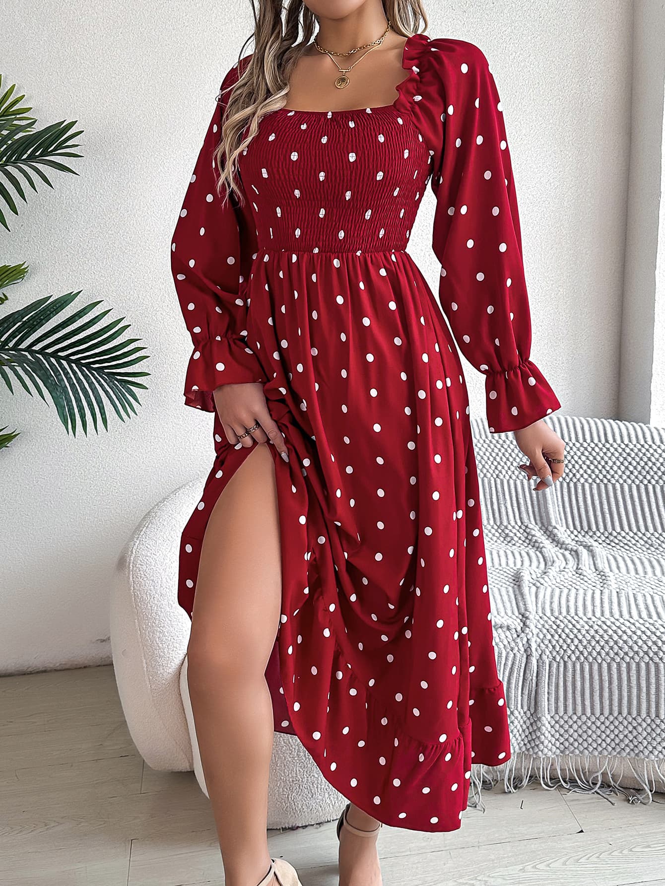 Women's Scalloped Hem Square Neck Polka Dot Flared Maxi Dress