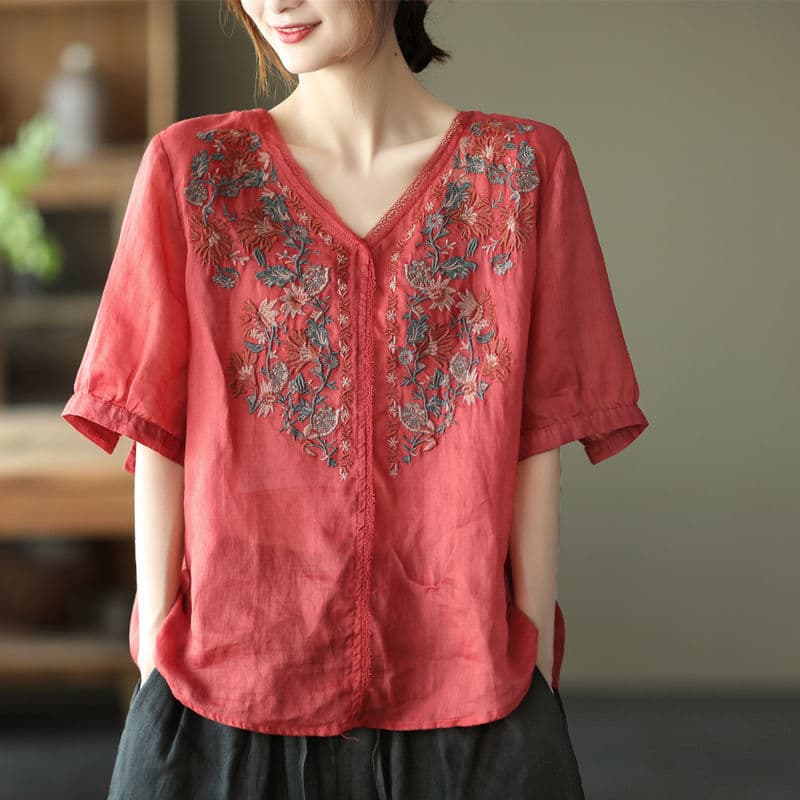 Retro Art Heavy Industry Embroidered Cotton And Hemp Top For Women vista 3