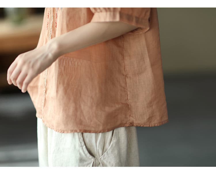 Retro Art Heavy Industry Embroidered Cotton And Hemp Top For Women vista 7