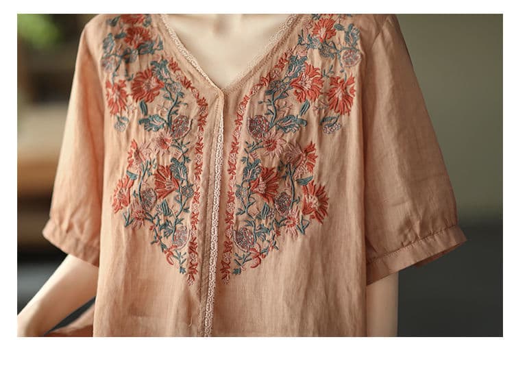 Retro Art Heavy Industry Embroidered Cotton And Hemp Top For Women vista 8