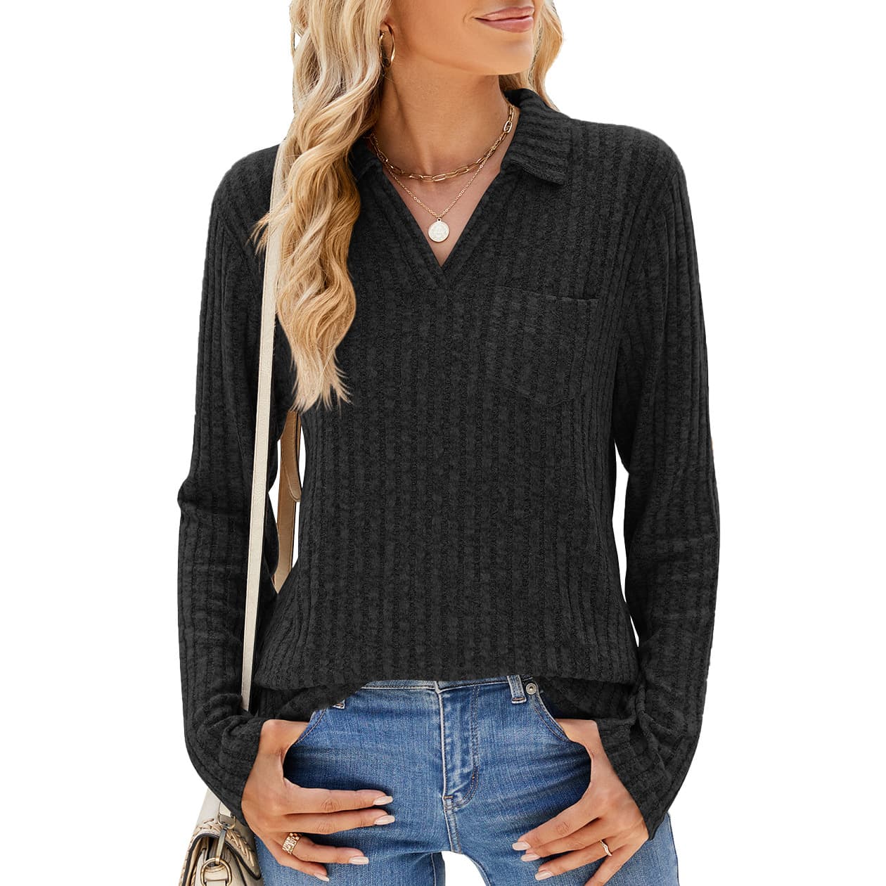 Solid Color Polo Collar Pocket Long Sleeve Loose-fitting T-shirt Top Women vista 2