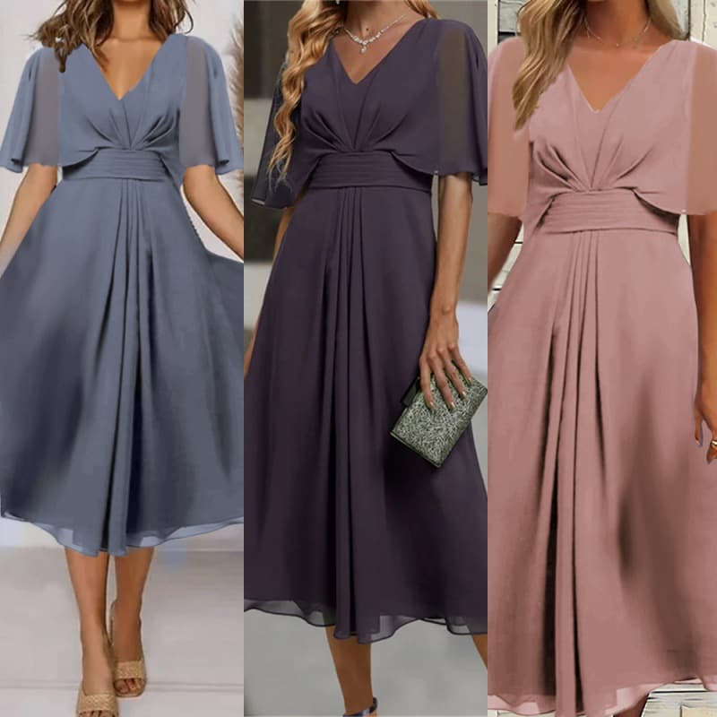 Fashion Solid Color And V-neck Waist Trimming Casual Large Swing Dress vista 2