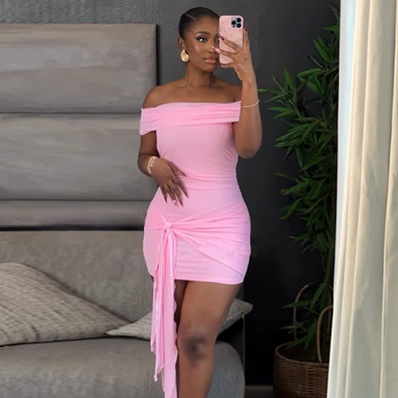 Mesh Patch Collar Solid Color Slim Fit Hip-wrapped Short Ribbon Dress vista 2