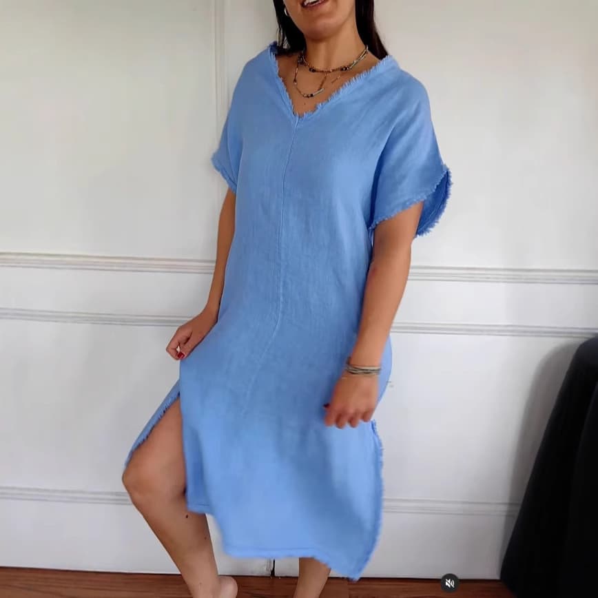 Casual Cotton And Linen Solid Color And V-neck Tassel Slit Dress