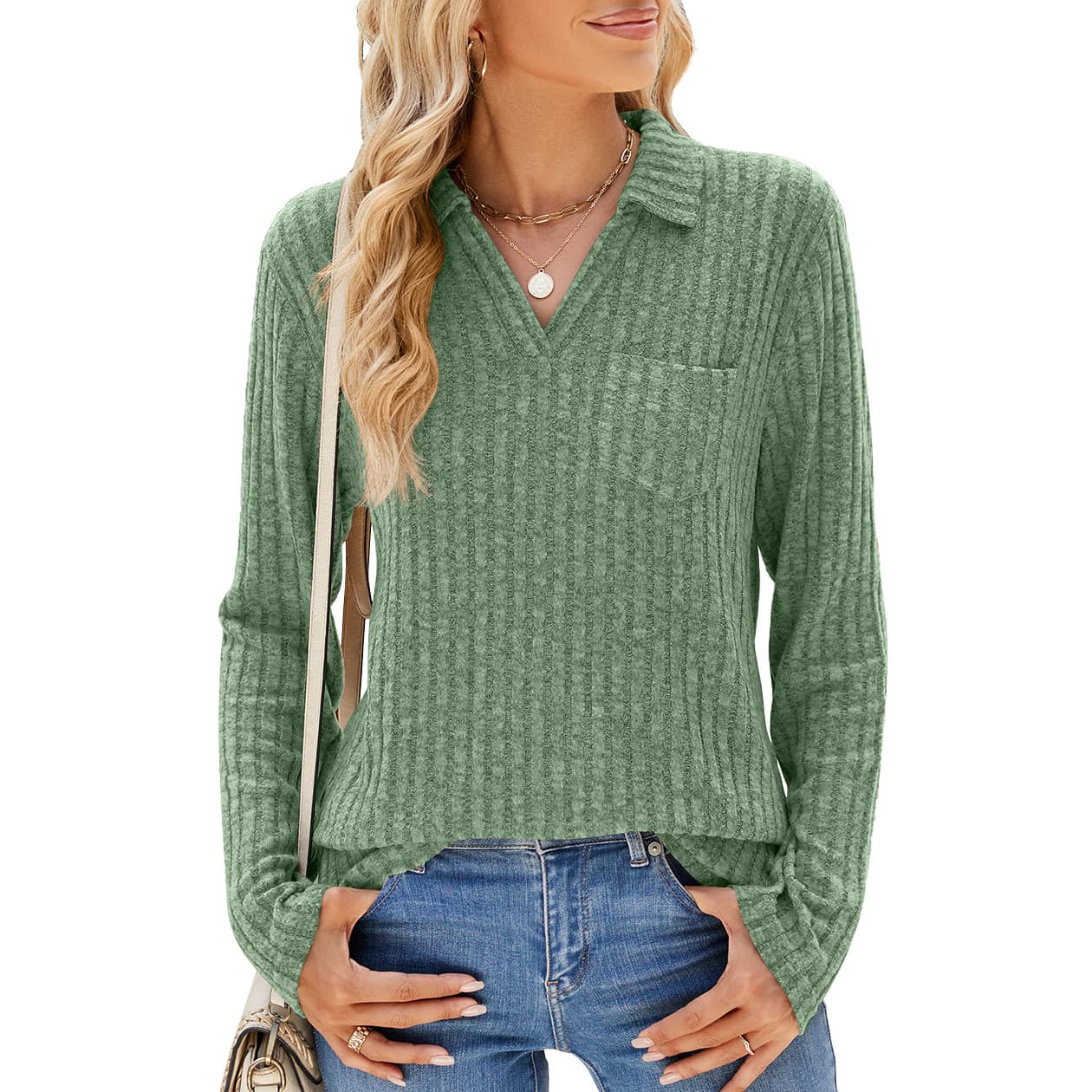 Solid Color Polo Collar Pocket Long Sleeve Loose-fitting T-shirt Top Women vista 5