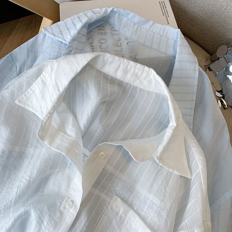 Hollow Lace Design Blue Striped Sun Protection Shirt For Women Summer vista 4