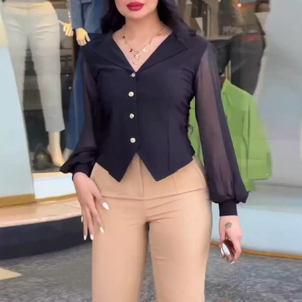 New European And American Style Fashion Mesh Patchwork Button Shirt Top vista 5