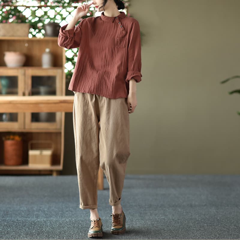 Vintage Oblique Placket Long-sleeved Double-layer Cotton Yarn Shirt Women's Artistic Pullover Top vista 4