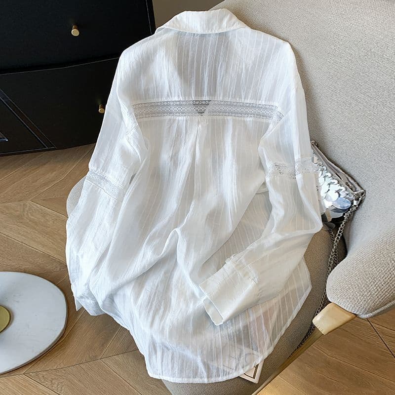 Hollow Lace Design Blue Striped Sun Protection Shirt For Women Summer vista 5