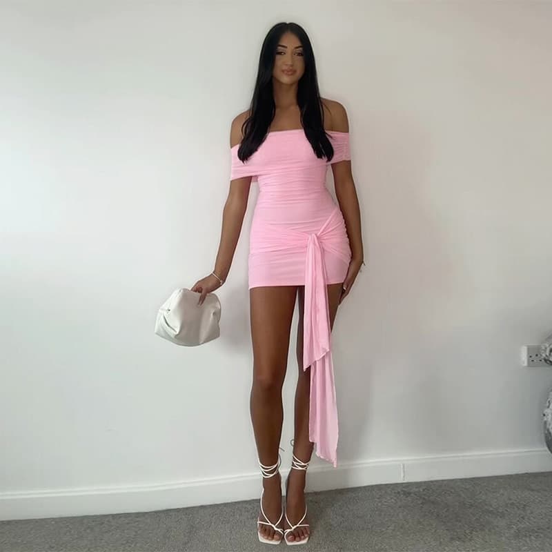 Mesh Patch Collar Solid Color Slim Fit Hip-wrapped Short Ribbon Dress vista 4