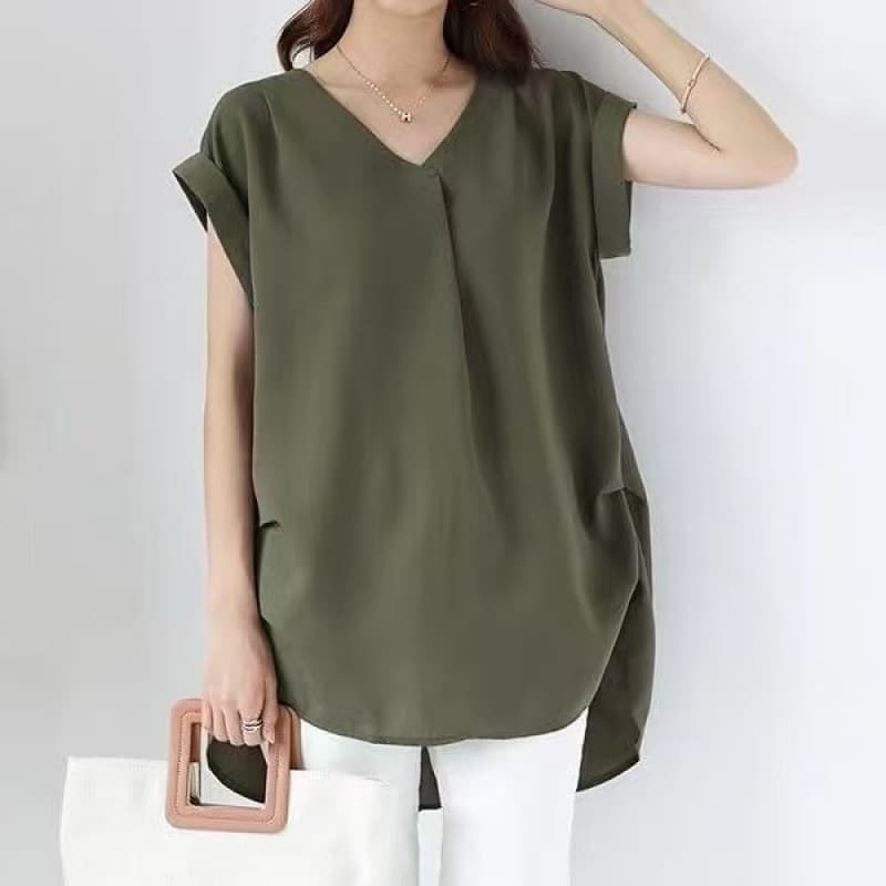 Women's Loose V-neck Short Sleeve Pleated Irregular Stitching Shirt vista 6