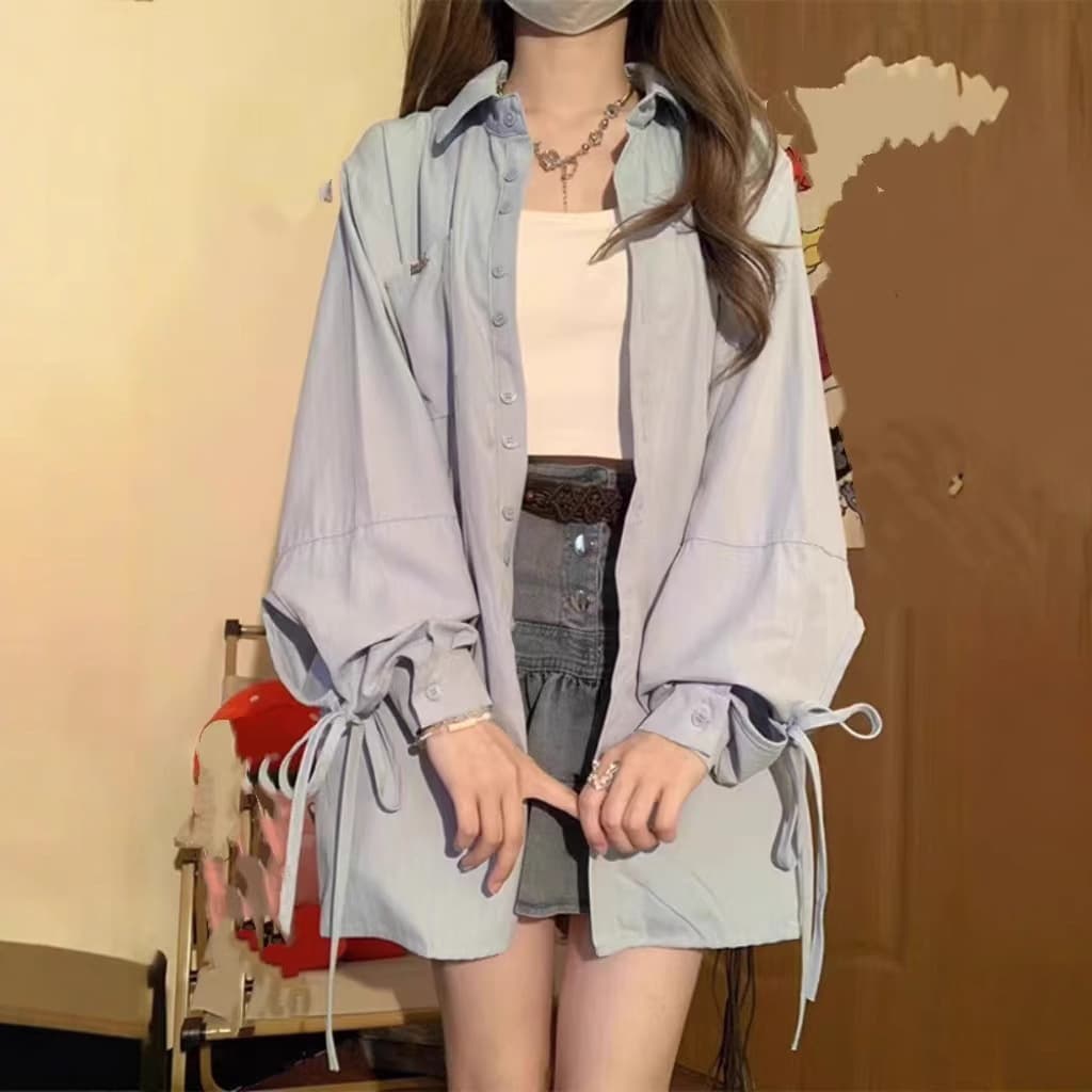 French Blue Bow Long Sleeve Shirt