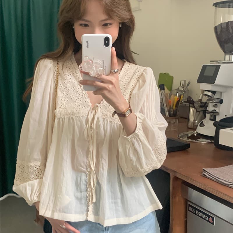 Heavy Industry Lace Stitching Tied Loose Long Sleeve Sun-protection Overshirt