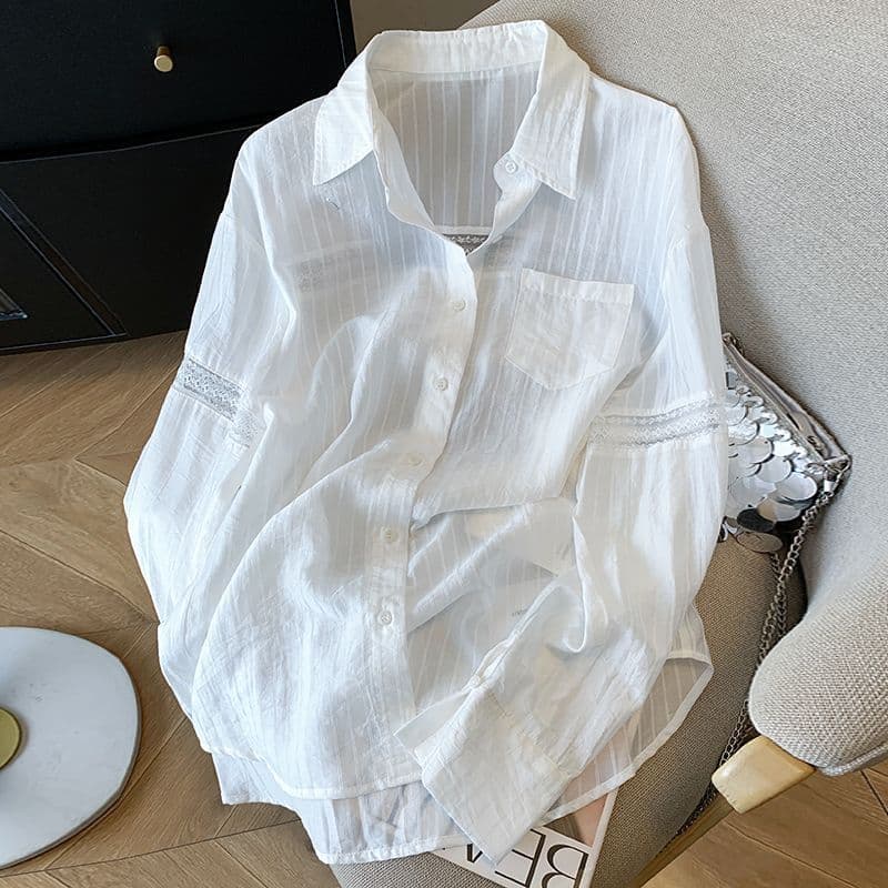 Hollow Lace Design Blue Striped Sun Protection Shirt For Women Summer