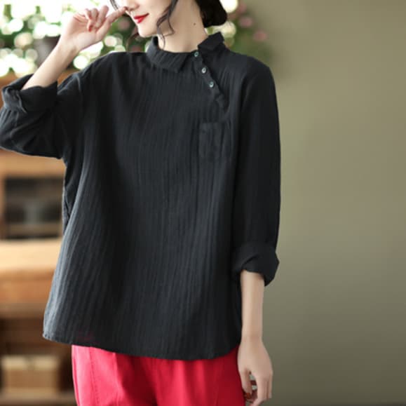 Vintage Oblique Placket Long-sleeved Double-layer Cotton Yarn Shirt Women's Artistic Pullover Top vista 7