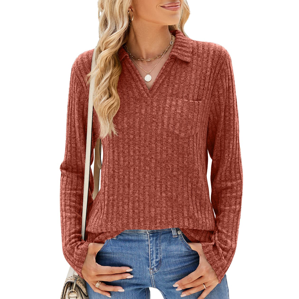 Solid Color Polo Collar Pocket Long Sleeve Loose-fitting T-shirt Top Women vista 7