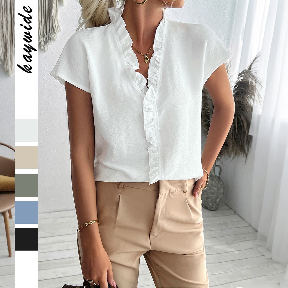 Casual Simple Stringy Selvedge Short Sleeve Women's Shirt vista 8