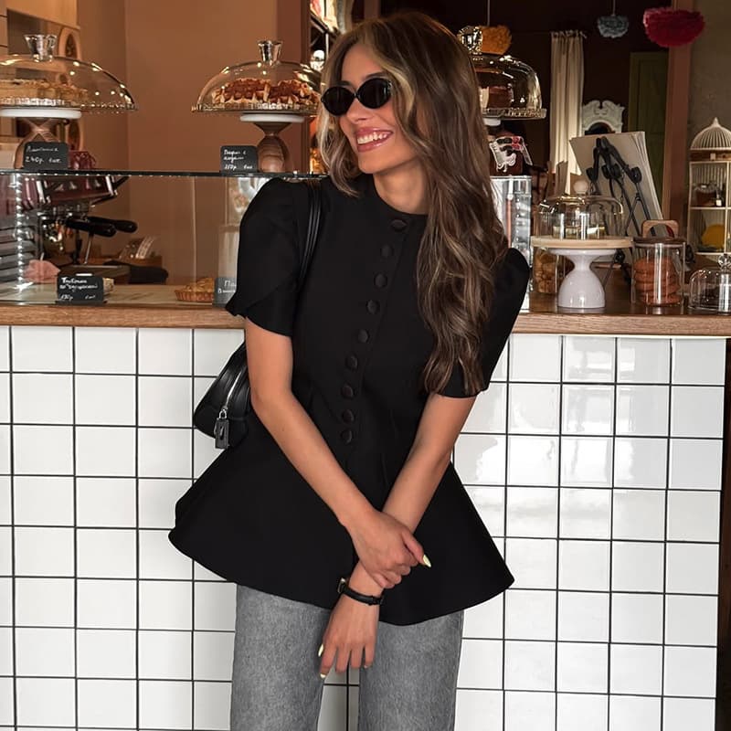 Stand Collar Single-breasted High-waist Blouse vista 3