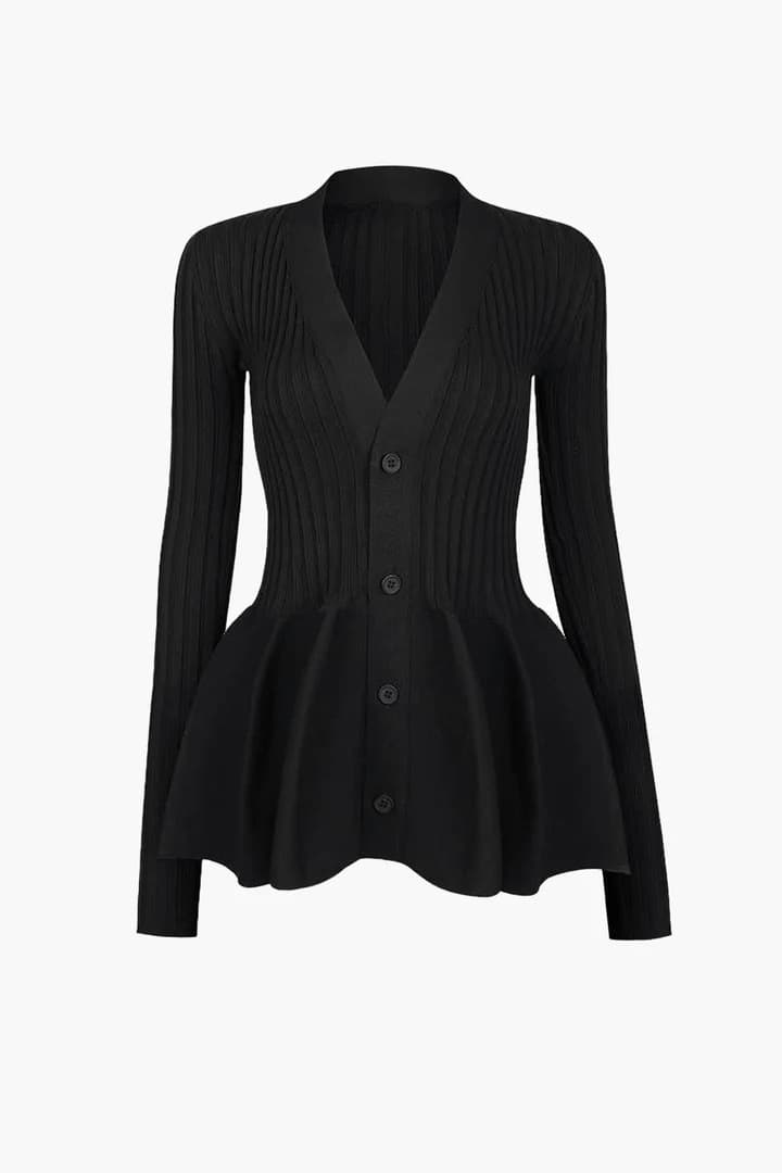 Pure Color Ruffles Hem Long Sleeve High Elastic V-neck Sweater Dress vista 7