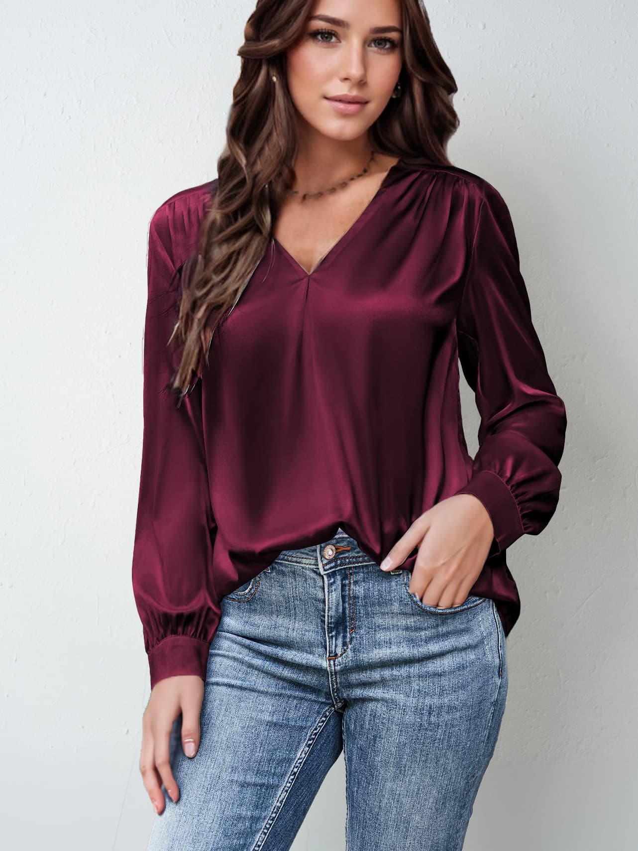 Satin Pleated Long-sleeved Top V-neck Casual Loose Shirt vista 2