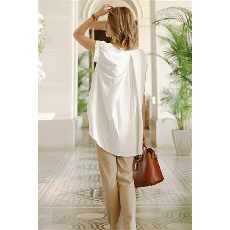 Women's Loose V-neck Short Sleeve Pleated Irregular Stitching Shirt vista 7