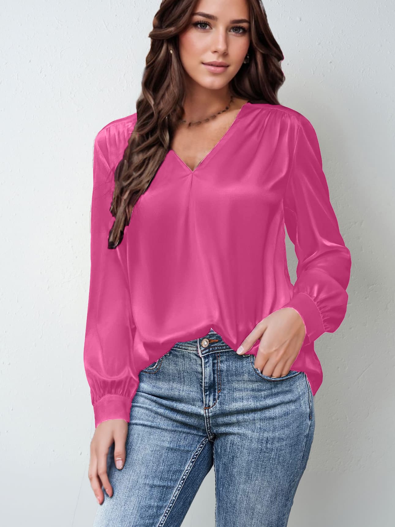 Satin Pleated Long-sleeved Top V-neck Casual Loose Shirt vista 7