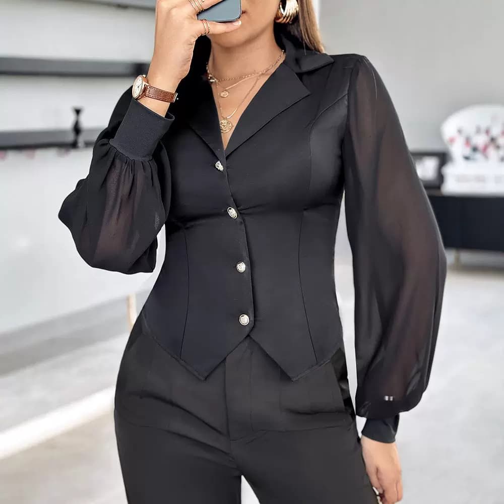 New European And American Style Fashion Mesh Patchwork Button Shirt Top vista 4