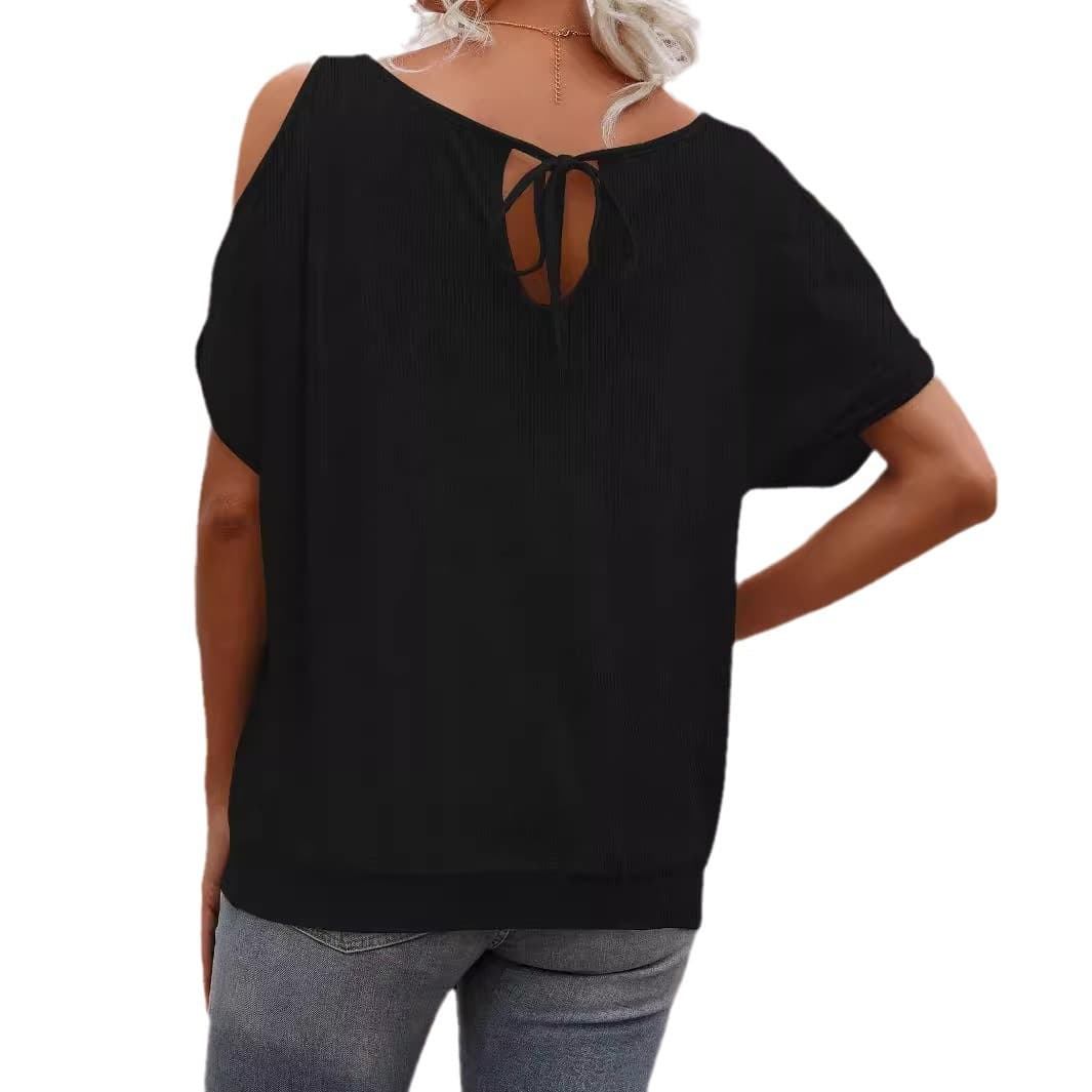 Women's Round Neck Off-the-shoulder Lace-up Top T-shirt vista 3