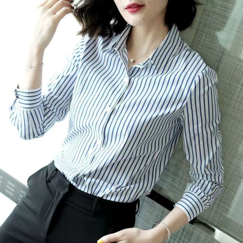 Striped Shirt Women's Long Sleeve Commute Slim-fit Design Sense vista 4
