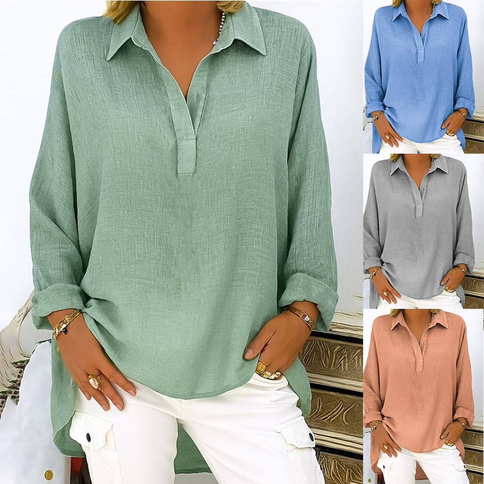 Women's Solid Color Casual Loose Long Sleeve V-neck Shirt vista 5
