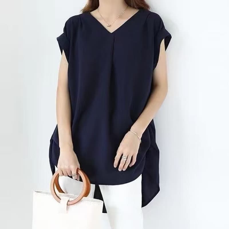 Women's Loose V-neck Short Sleeve Pleated Irregular Stitching Shirt vista 8