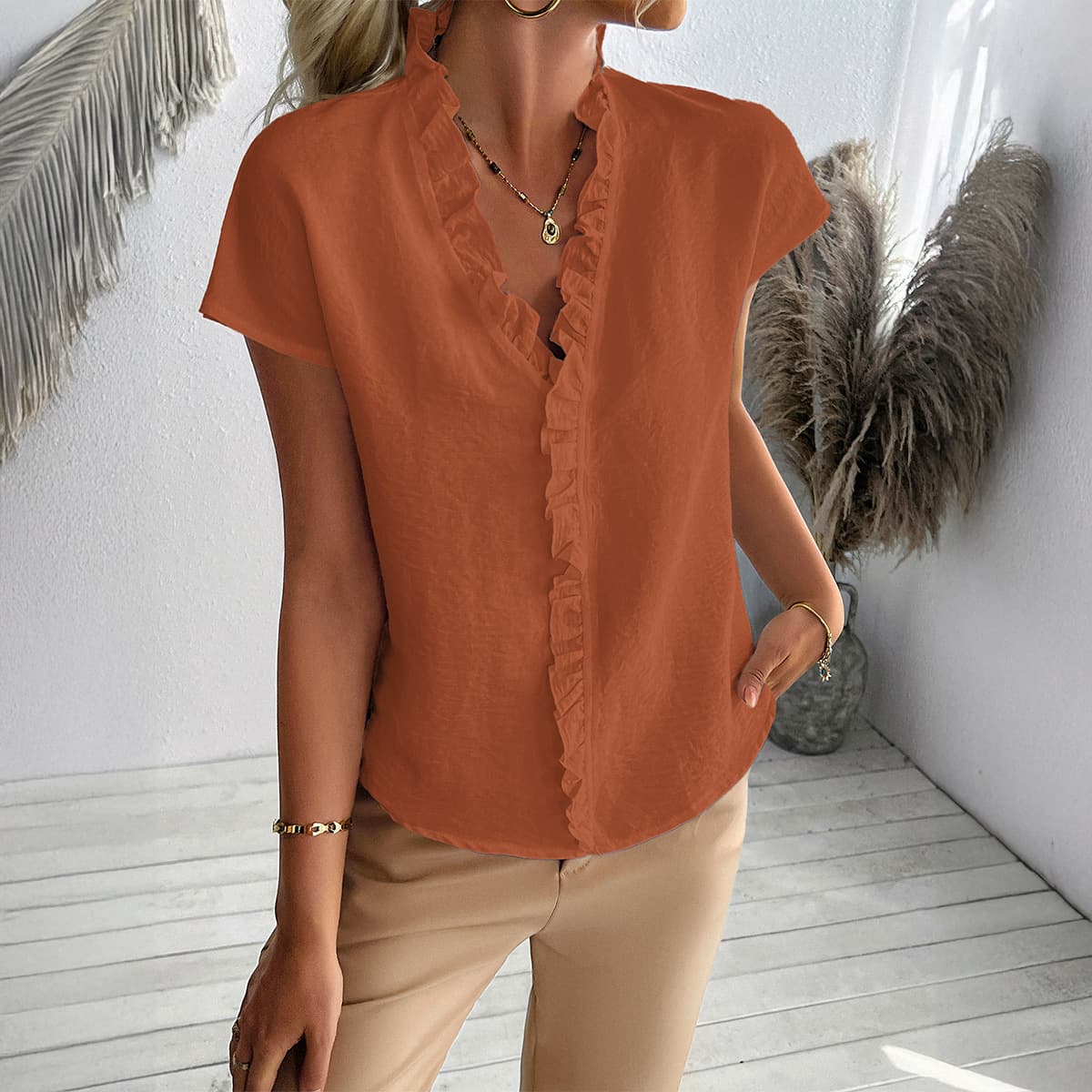 Casual Simple Stringy Selvedge Short Sleeve Women's Shirt vista 5