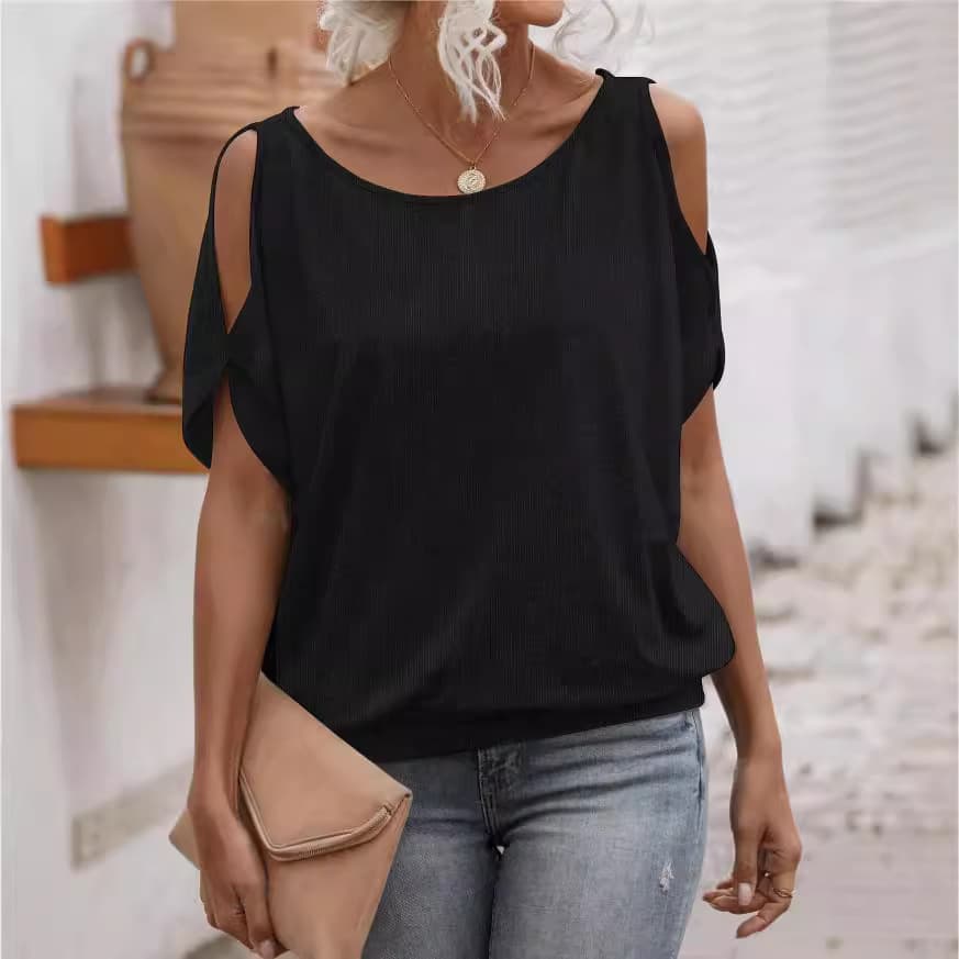 Women's Round Neck Off-the-shoulder Lace-up Top T-shirt vista 2