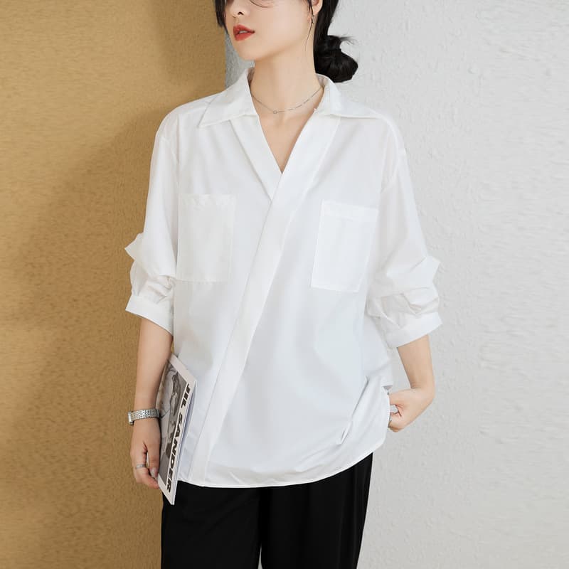 French Style Three-quarter Sleeve Loose Thin Lapel Shirt vista 3