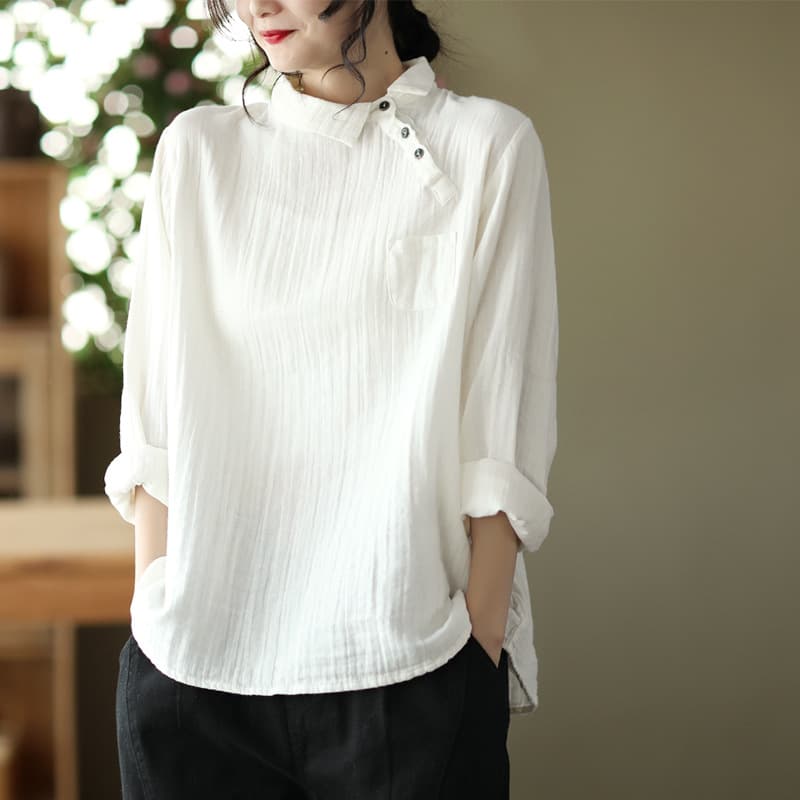 Vintage Oblique Placket Long-sleeved Double-layer Cotton Yarn Shirt Women's Artistic Pullover Top