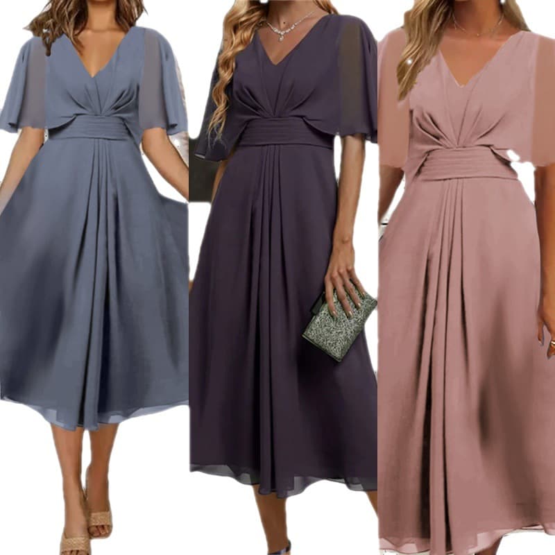 Fashion Solid Color And V-neck Waist Trimming Casual Large Swing Dress vista 8