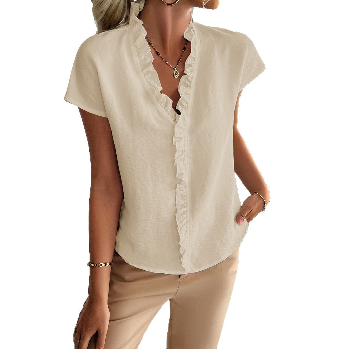 Casual Simple Stringy Selvedge Short Sleeve Women's Shirt vista 7