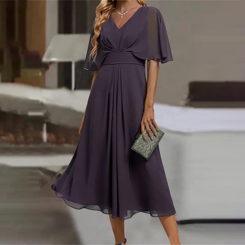 Fashion Solid Color And V-neck Waist Trimming Casual Large Swing Dress vista 3