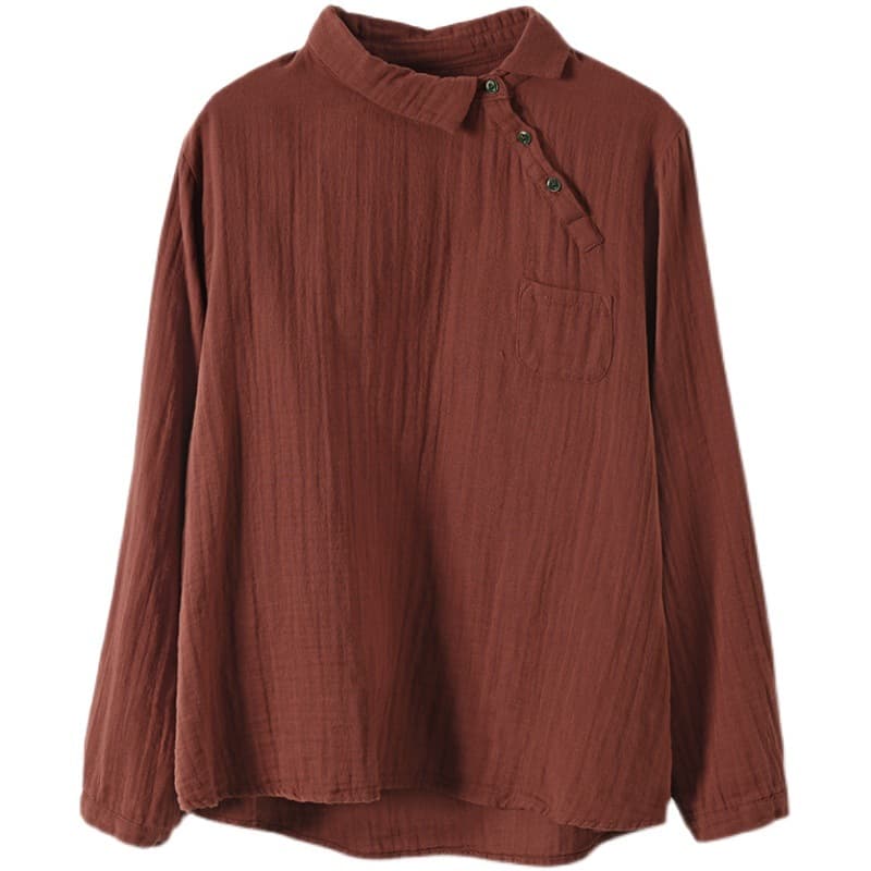 Vintage Oblique Placket Long-sleeved Double-layer Cotton Yarn Shirt Women's Artistic Pullover Top vista 2