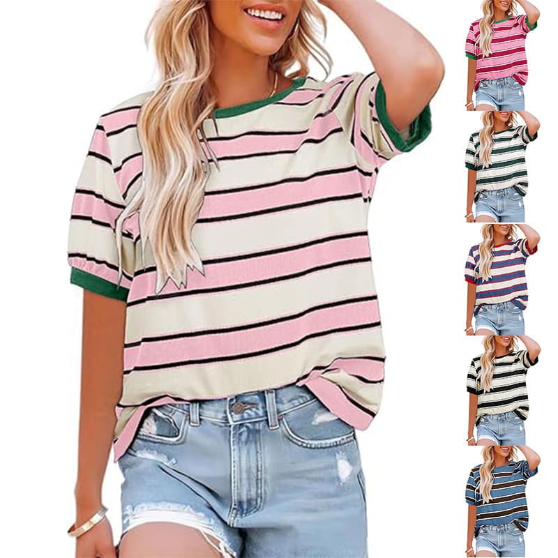 Women's Round Neck Colored Mosaic Large Striped Loose All-matching Shirt vista 8