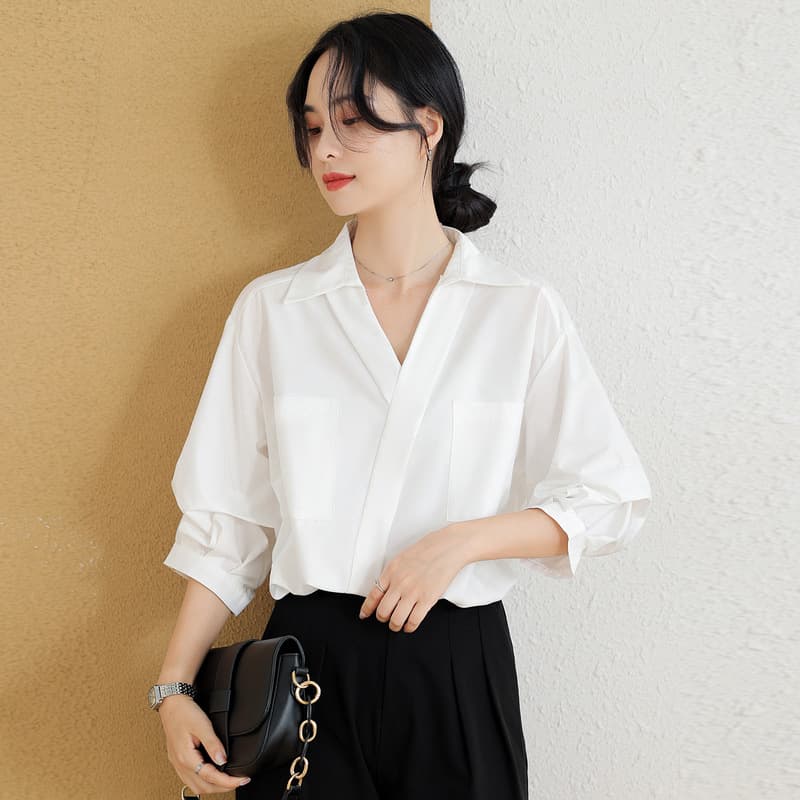 French Style Three-quarter Sleeve Loose Thin Lapel Shirt vista 2