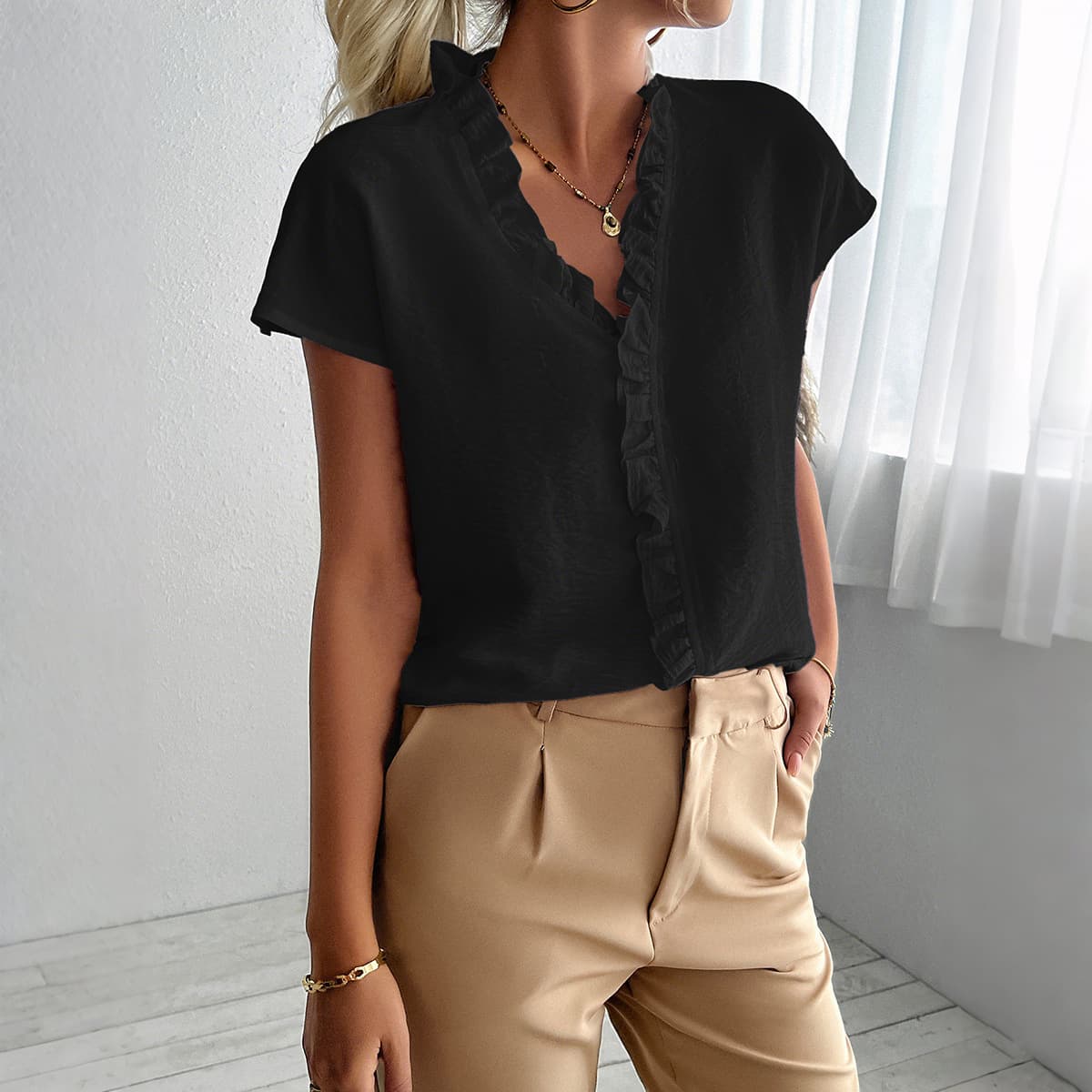 Casual Simple Stringy Selvedge Short Sleeve Women's Shirt vista 2