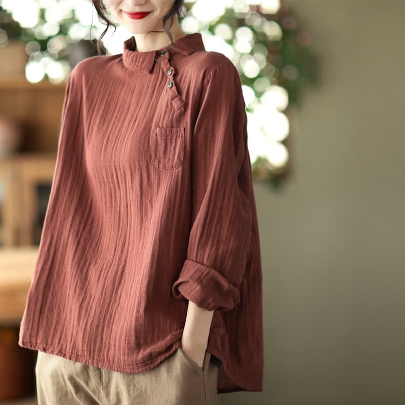 Vintage Oblique Placket Long-sleeved Double-layer Cotton Yarn Shirt Women's Artistic Pullover Top vista 3