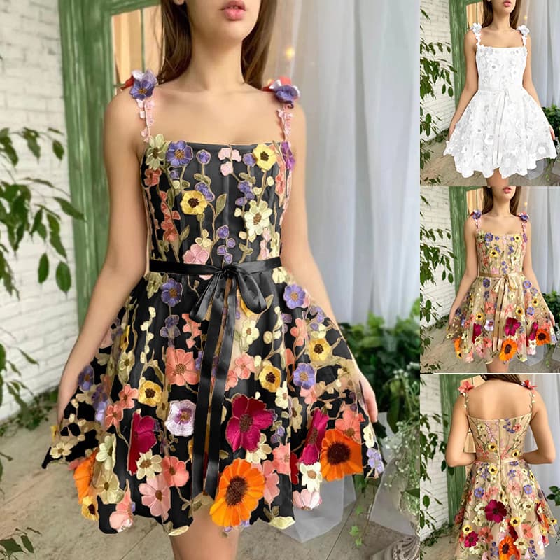 Three-dimensional Flower Embroidery Dress Summer Fashion Sweet A-line Suspender Dresses For Womens Clothing vista 5