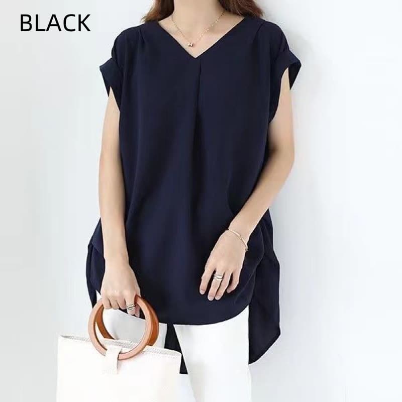 Women's Loose V-neck Short Sleeve Pleated Irregular Stitching Shirt vista 2