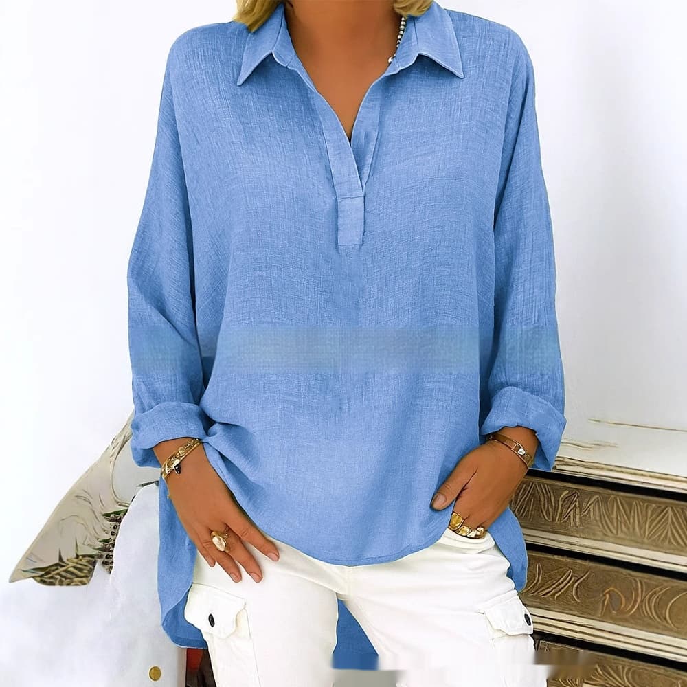 Women's Solid Color Casual Loose Long Sleeve V-neck Shirt